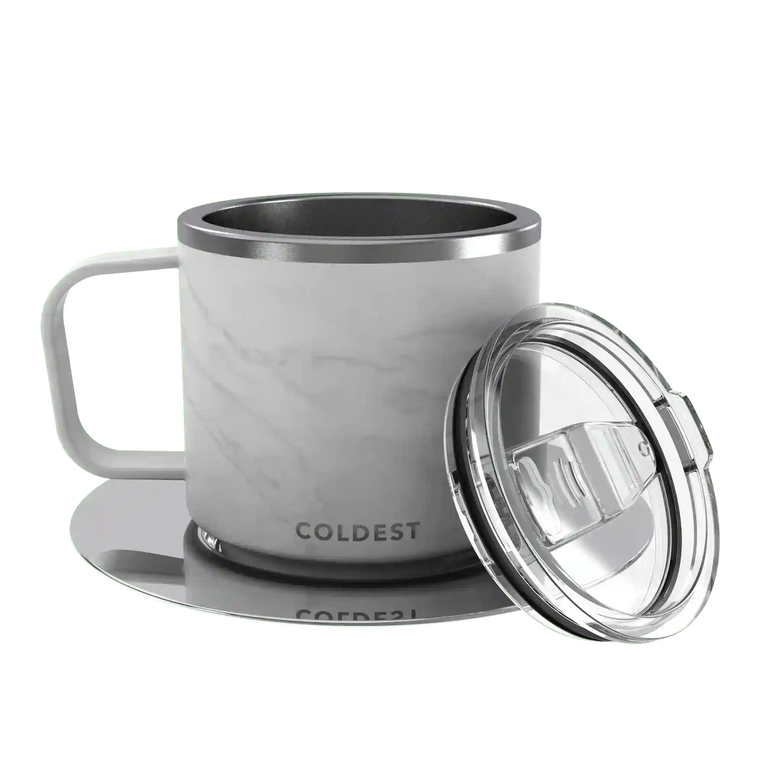 Insulated Coldest espresso mug with black exterior and stainless steel interior, featuring a secure lid and compact design.