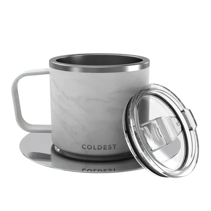 Insulated Coldest espresso mug with black exterior and stainless steel interior, featuring a secure lid and compact design.