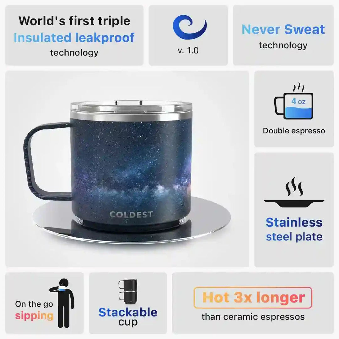 Insulated Coldest espresso mug with black exterior and stainless steel interior, designed for hot and cold beverage retention.