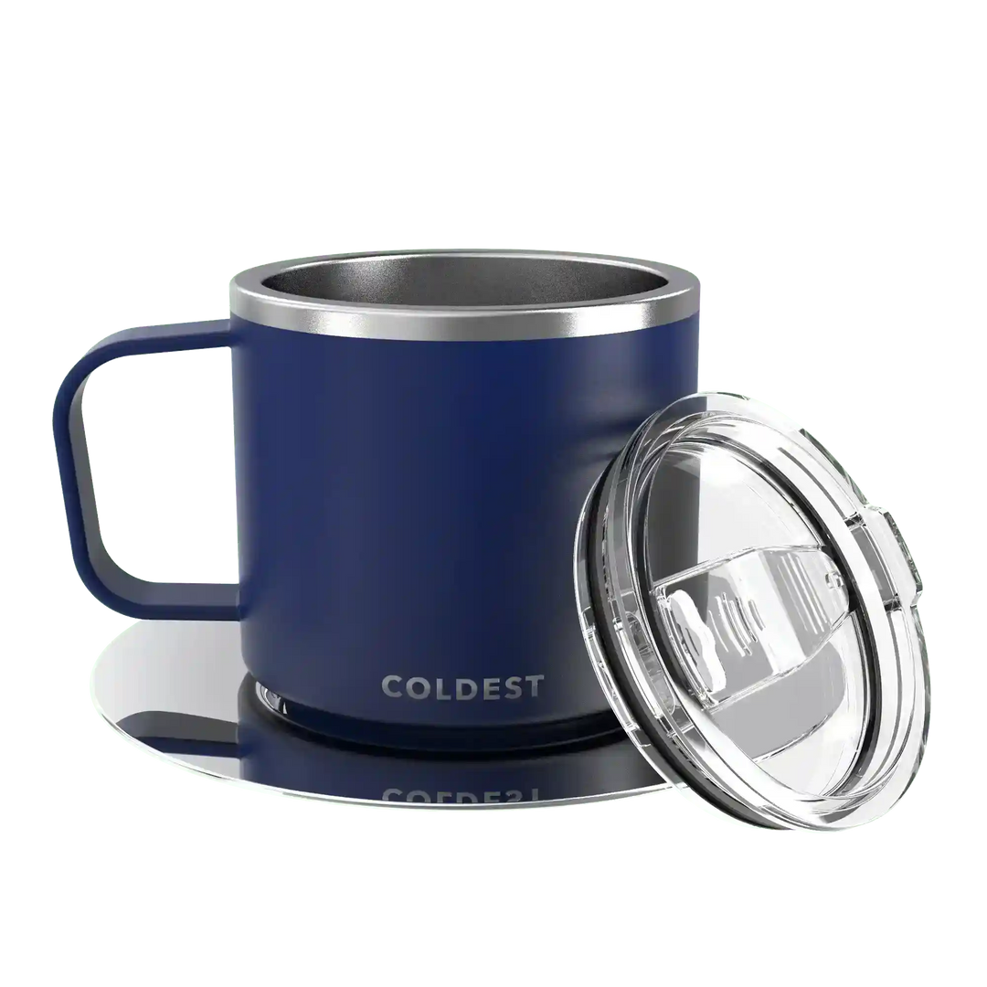 Insulated Coldest Espresso Mug with sleek design, double-wall construction, and logo, perfect for hot or cold beverages.