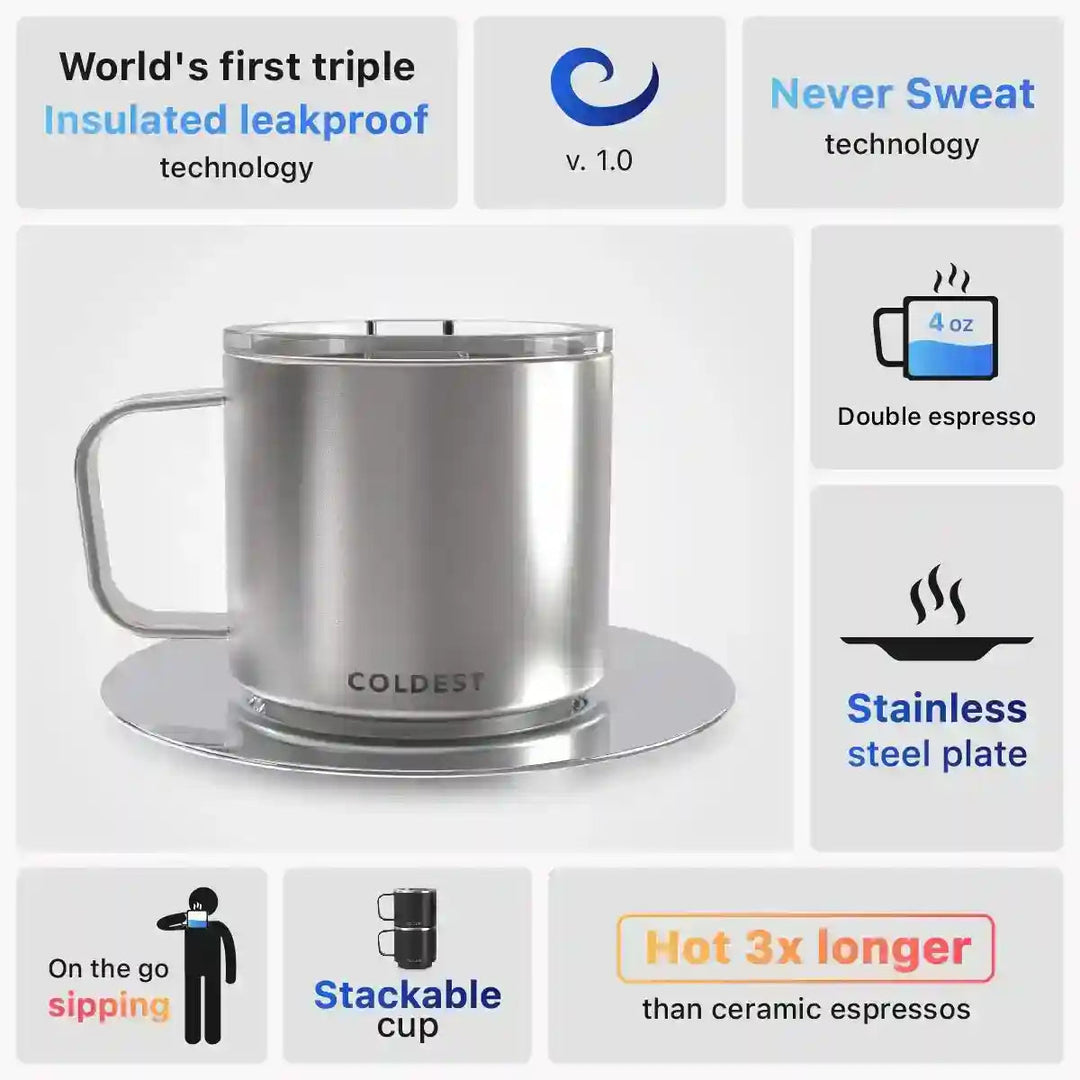 Insulated Coldest espresso mug with black exterior and stainless steel interior, designed to keep coffee hot.