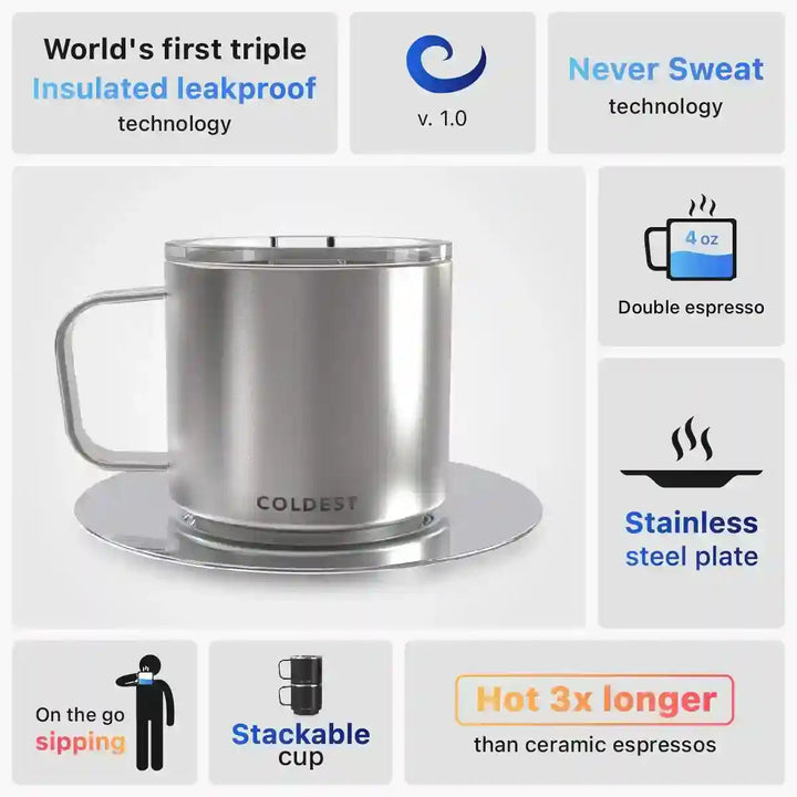 Insulated Coldest espresso mug with black exterior and stainless steel interior, designed to keep coffee hot.