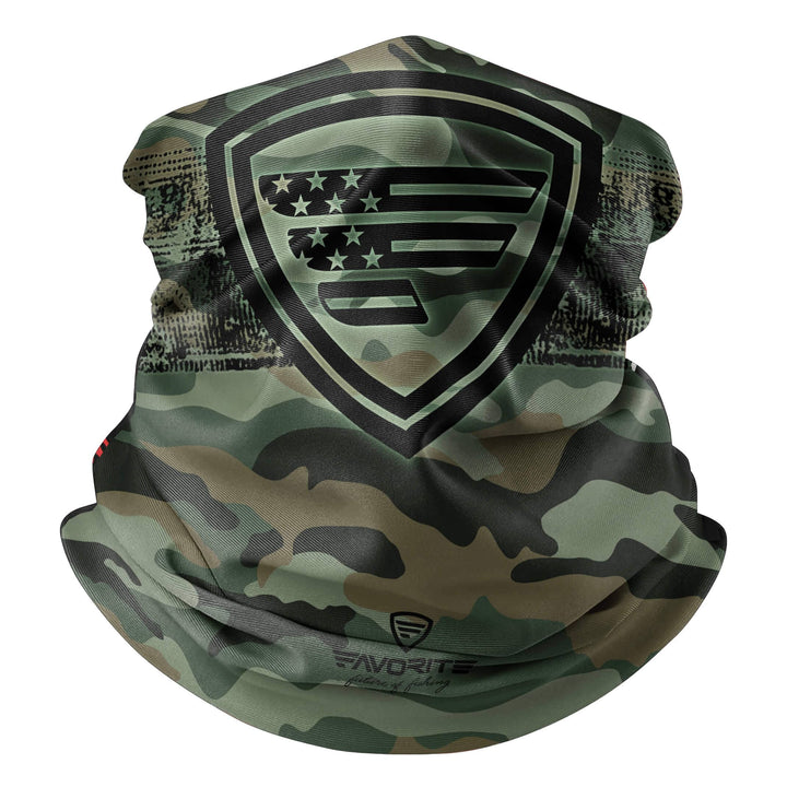 Favorite Fishing neck gaiter in jungle defender pattern, versatile accessory for outdoor activities, made of lightweight, breathable fabric.