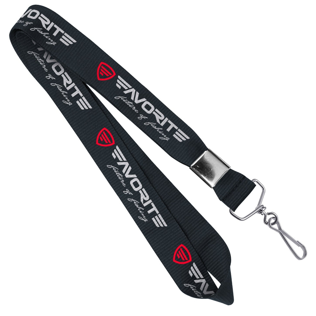 Favorite Fishing lanyard with logo, black fabric strap, and metal clip for fishing accessories and gear organization.