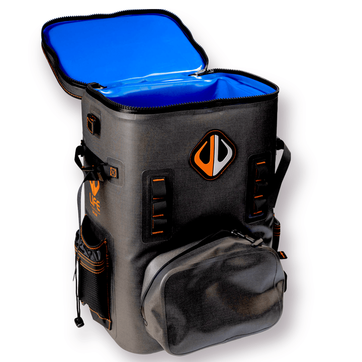 Large outdoor cooler backpack by Life League Gear, featuring insulated compartments and adjustable straps for outdoor adventures.