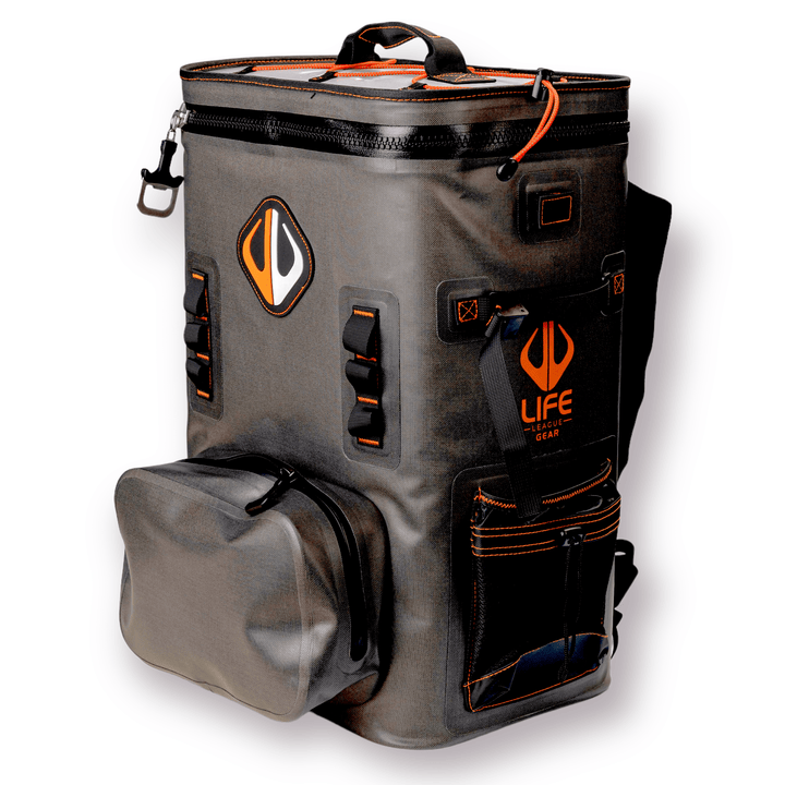 Large outdoor cooler backpack by Life League Gear, featuring insulated storage and comfortable straps for outdoor adventures.