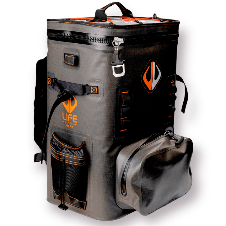 Large outdoor cooler backpack by Life League Gear, featuring insulated design and multiple compartments for outdoor adventures.