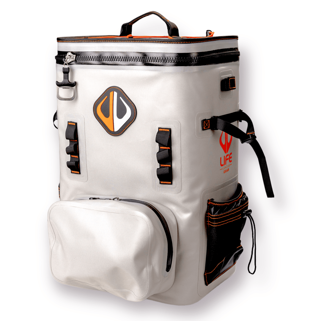 Large outdoor cooler backpack by Life League Gear, featuring insulated compartments and adjustable straps for outdoor adventures.