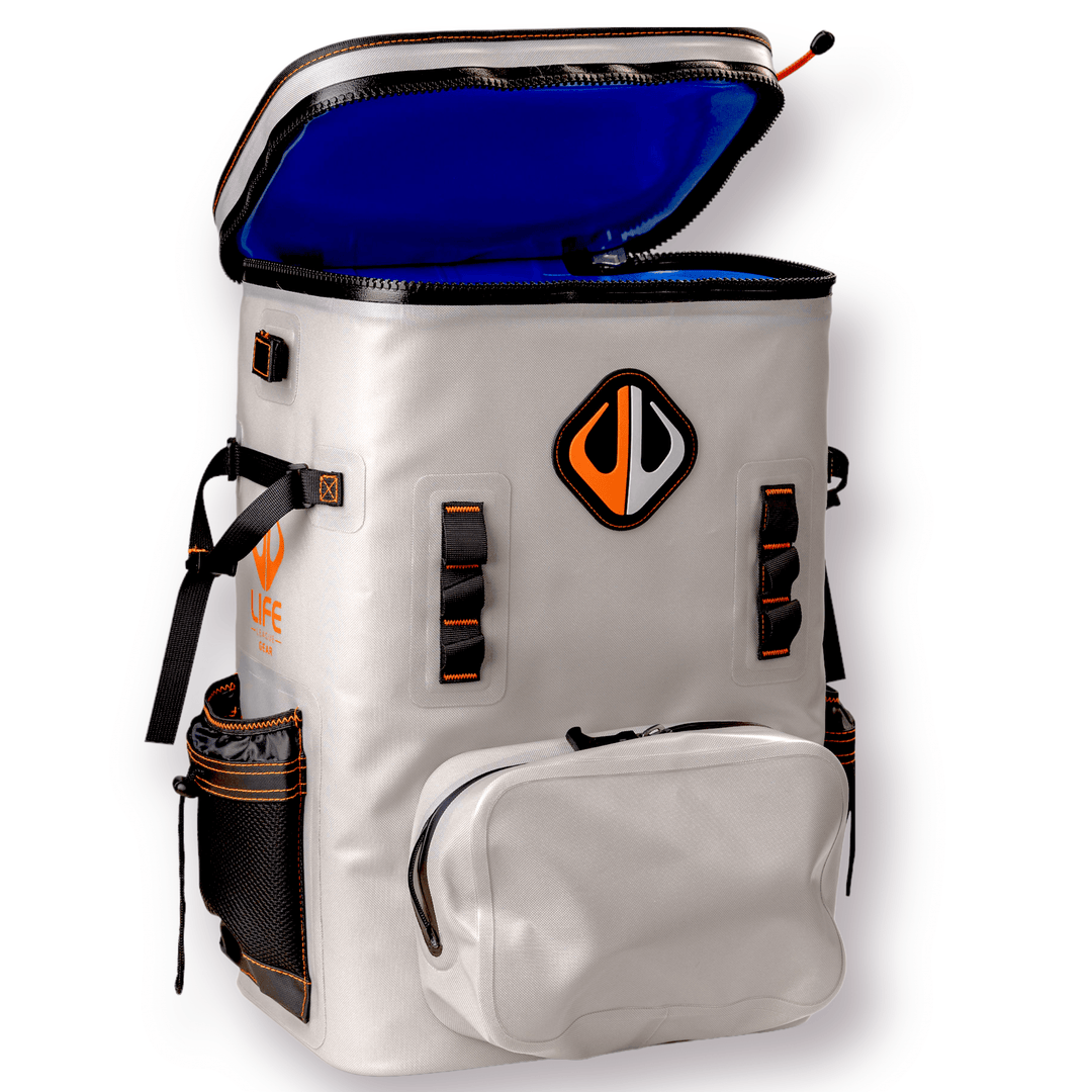 Large outdoor cooler backpack by Life League Gear, featuring insulated compartments and adjustable straps for outdoor activities.