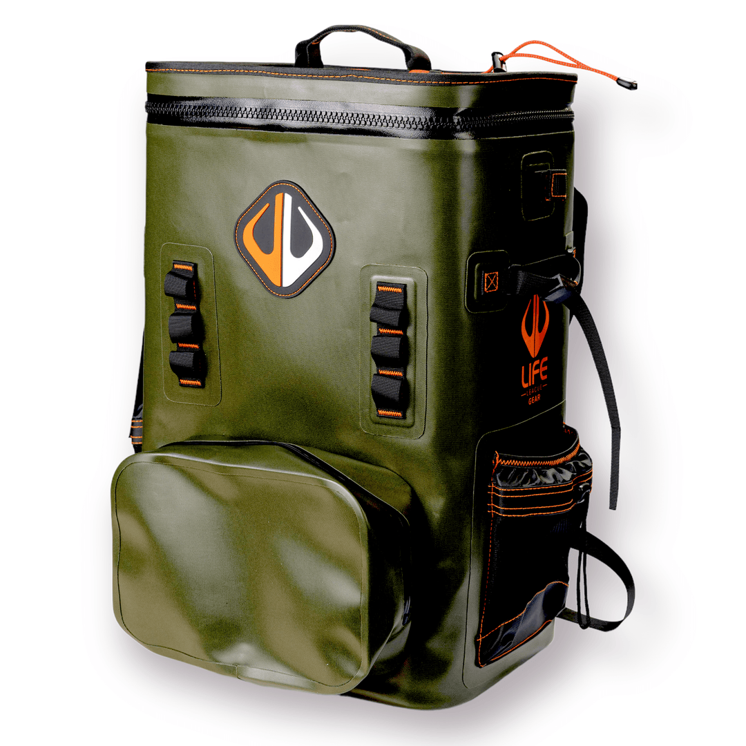 Large outdoor cooler backpack by Life League Gear, featuring insulated compartments and durable straps for outdoor adventures.