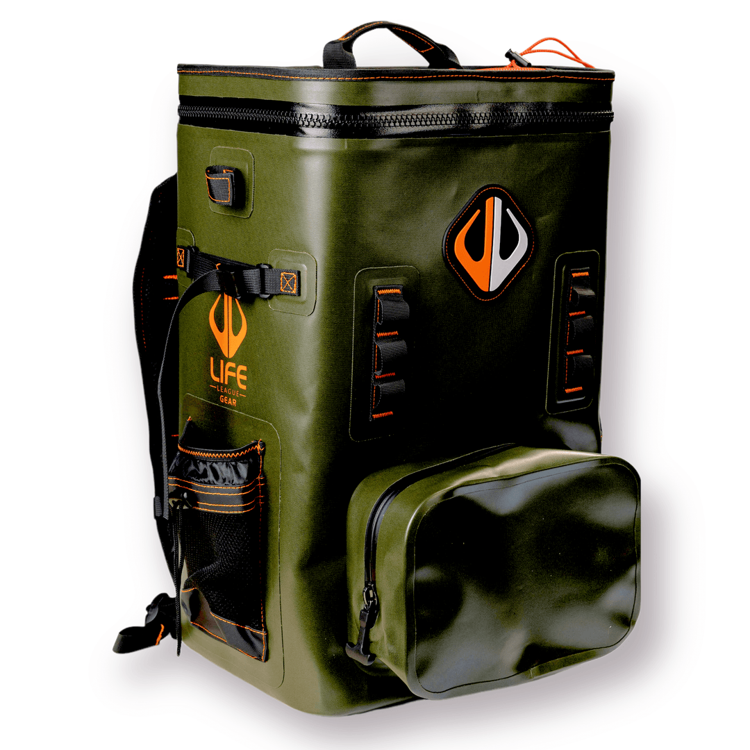 Large outdoor cooler backpack from Life League Gear featuring insulated compartments and sturdy straps for outdoor adventures.