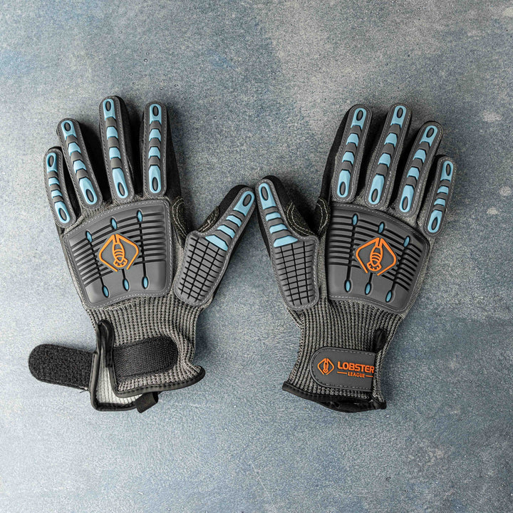 Lobstering gloves from Life League Gear designed for diving, spearfishing, and fishing, showing durable, protective glove material.