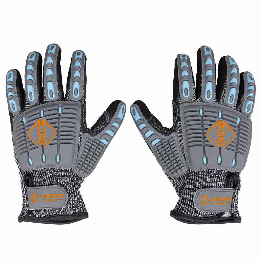 Orange lobster diving gloves by Life League Gear, designed for lobstering, spearfishing, and freediving activities.