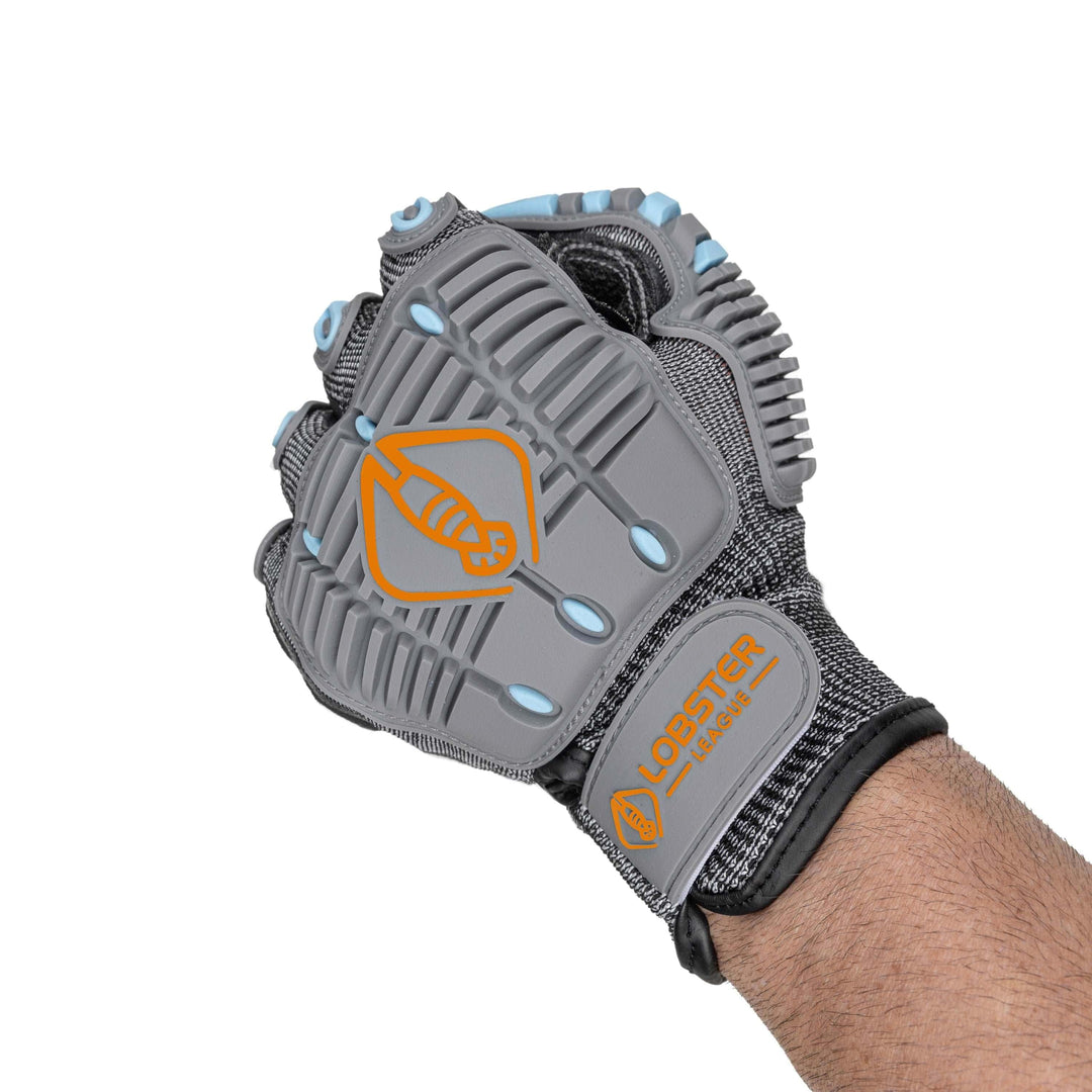 Orange lobster diving gloves by Life League Gear designed for lobstering, spearfishing, and freediving with durable protective material.