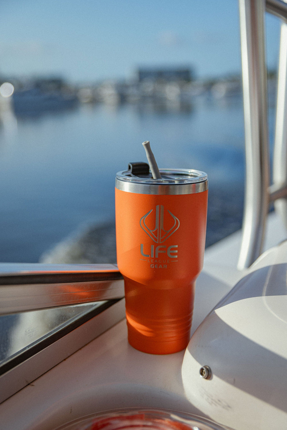 30oz Life League Gear tumbler with a sleek design, perfect for keeping drinks hot or cold on the go.