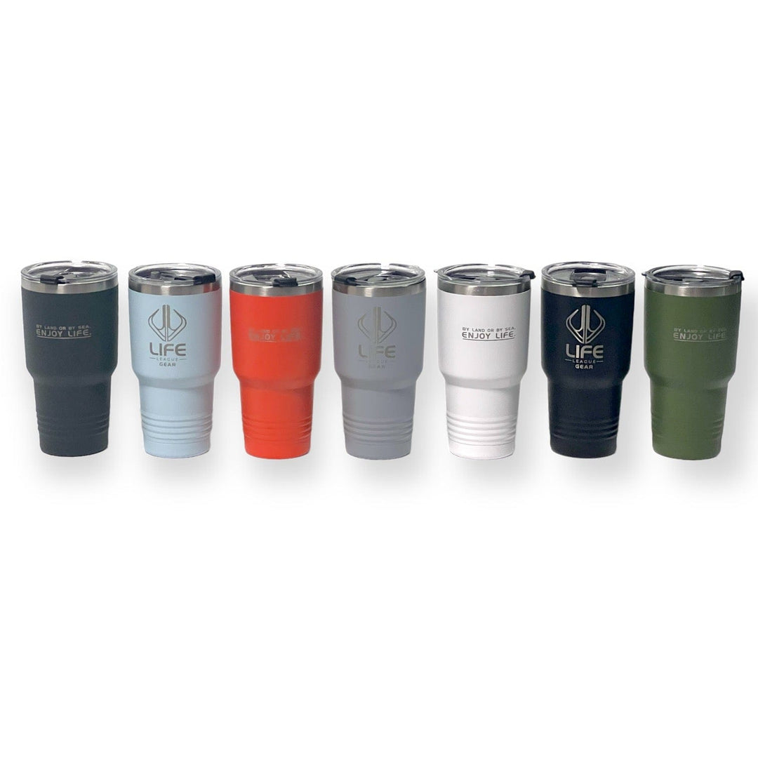 30oz Life League Gear tumbler with a sleek design, durable construction, perfect for keeping drinks hot or cold.