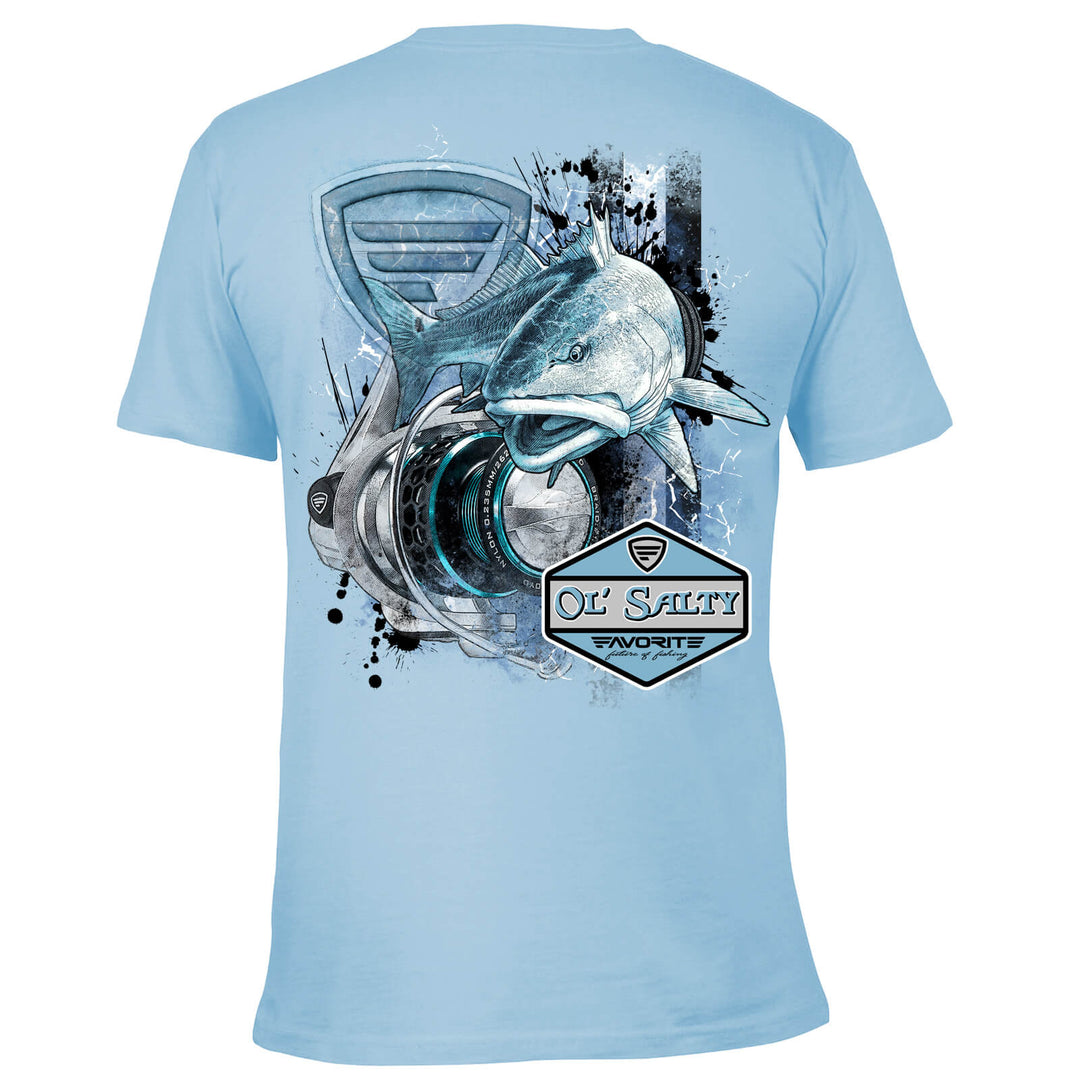Ol' Salty Redfish T-shirt by Favorite Fishing featuring a light blue back design with redfish graphics.