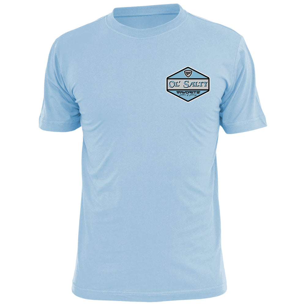 Ol' Salty Redfish T-shirt from Favorite Fishing featuring a light blue front design with redfish graphic.