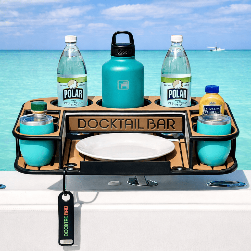 Midnight Series Docktail Butler boat table by Docktail Bar with customizable mount, color, and name for boating and water sports.