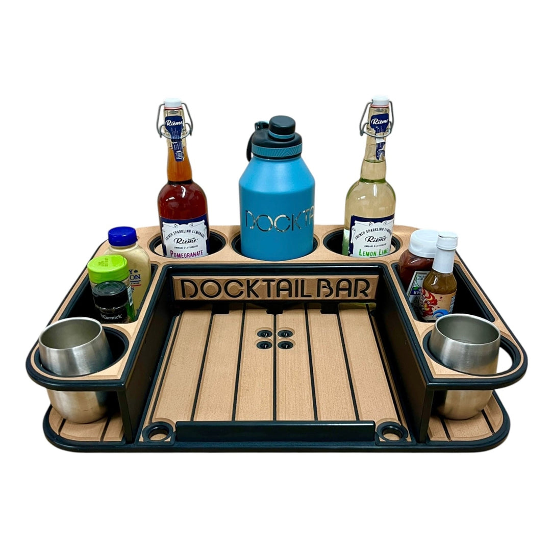 Midnight Series Docktail Butler boat table with adjustable rod holder mount, featuring customizable color and name for boating and water sports.