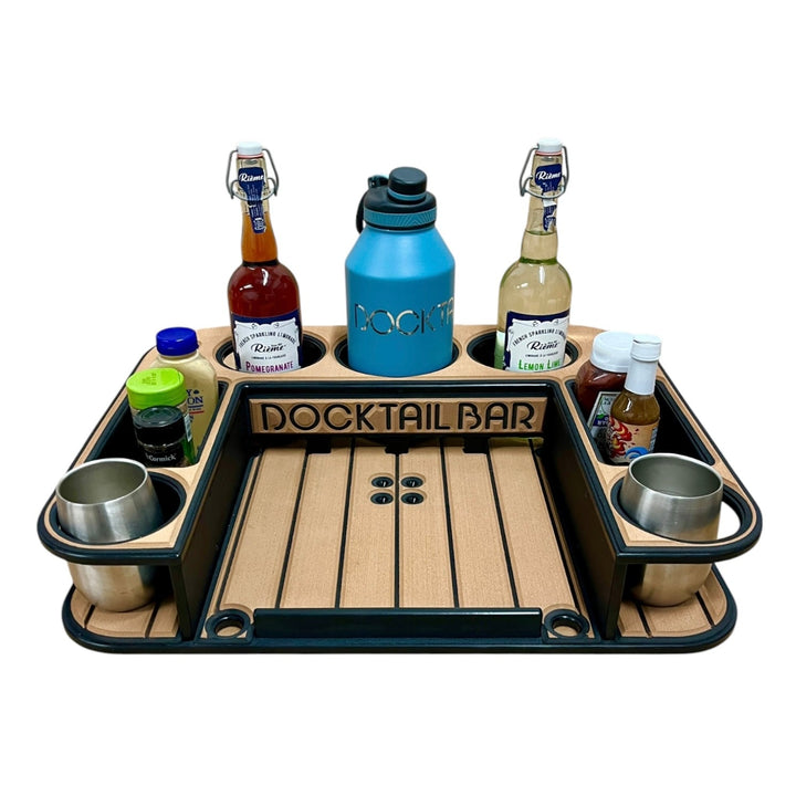 Midnight Series Docktail Butler boat table with adjustable rod holder mount, featuring customizable color and name for boating and water sports.