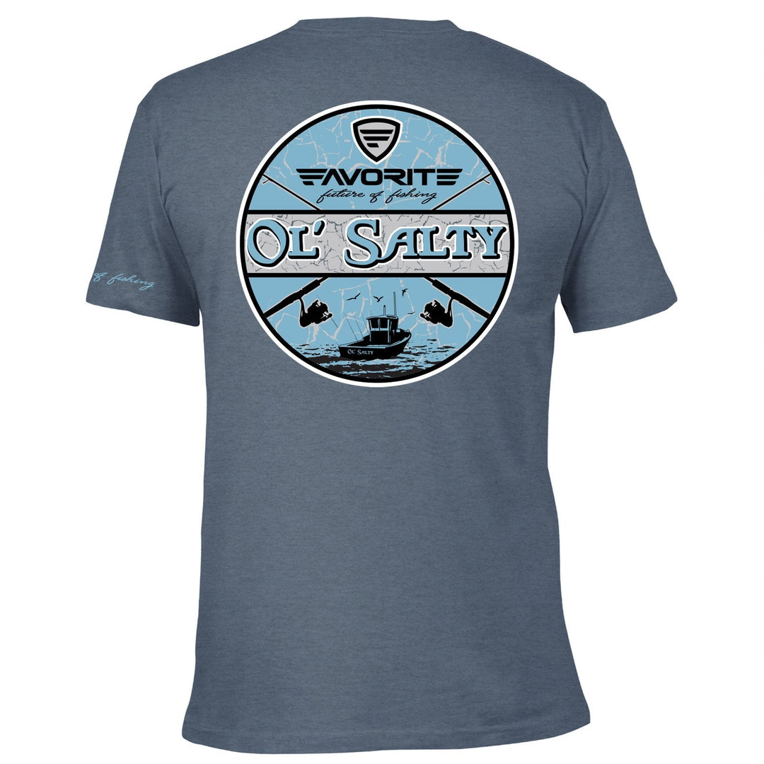 Favorite Fishing Ol Salty T-Shirt in blue featuring a nautical design, casual apparel for fishing enthusiasts.