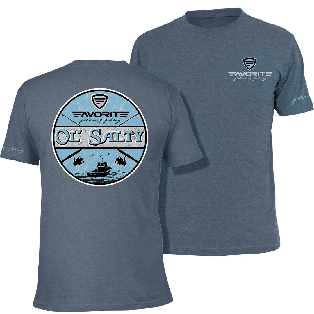 Favorite Fishing Ol Salty T-Shirt in blue, casual apparel with logo design, displayed on a hanger.