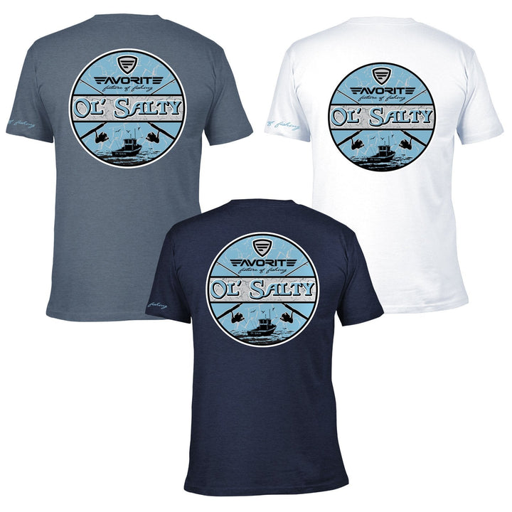 Favorite Fishing Ol Salty T-Shirt, casual apparel with graphic design, displayed on a hanger against a neutral background.