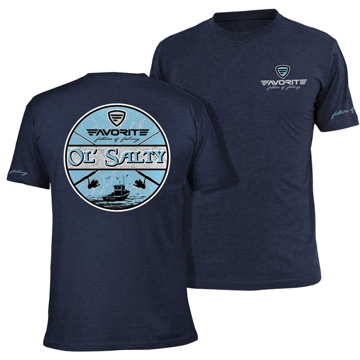 Favorite Fishing Ol Salty T-Shirt, casual apparel with printed design, shown in a front view on a plain background.