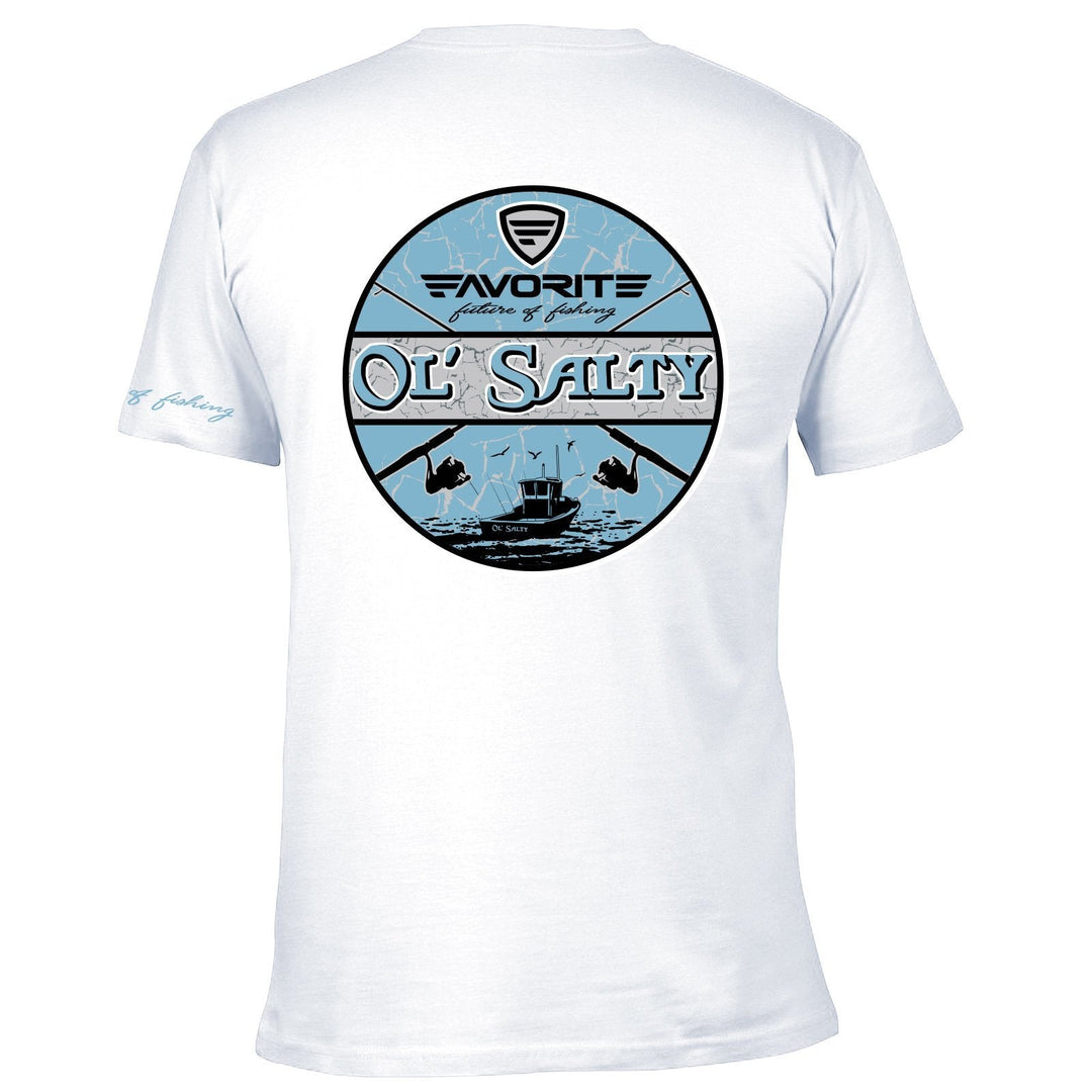 Favorite Fishing Ol Salty T-Shirt in white featuring a casual design, perfect for fishing and outdoor activities.