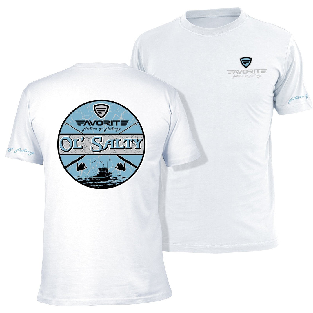 Favorite Fishing Ol Salty T-Shirt in white, casual apparel featuring the product logo on the front.