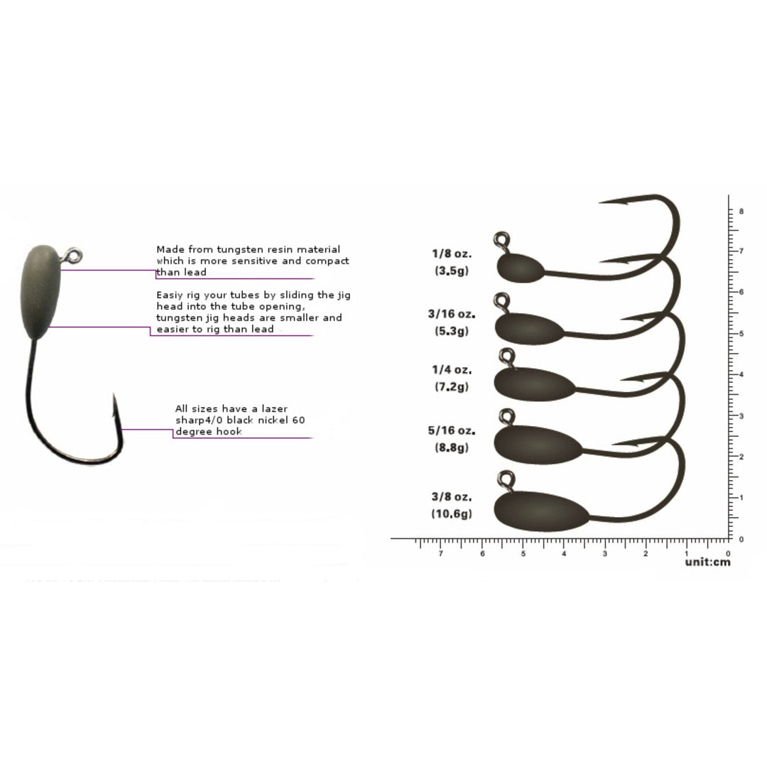 Reaction Tackle Tungsten Tube Jig Heads, 5-pack, featuring durable tungsten construction and realistic fishing lure design.