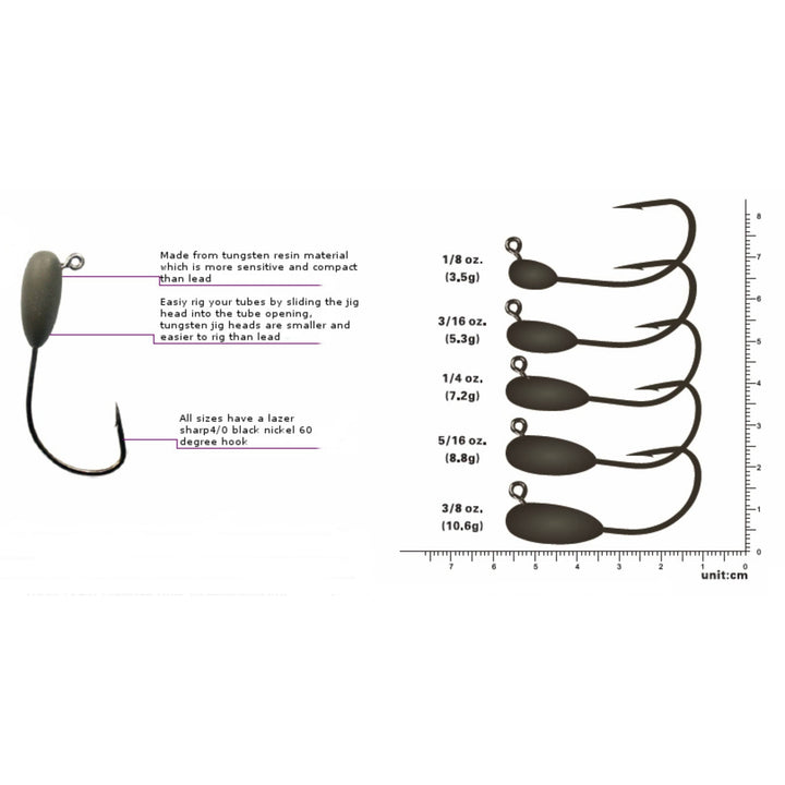 Reaction Tackle Tungsten Tube Jig Heads, 5-pack, featuring durable tungsten construction and realistic fishing lure design.
