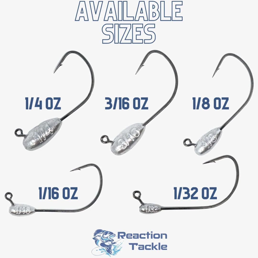 Set of 10 Reaction Tackle Lead Tube Jig Heads in 1/8 oz, designed for fishing, with sleek, durable construction for effective fishing.