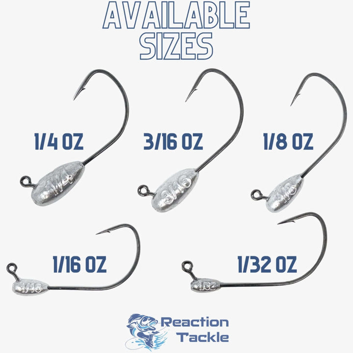 Set of 10 Reaction Tackle Lead Tube Jig Heads in 1/8 oz, designed for fishing, with sleek, durable construction for effective fishing.