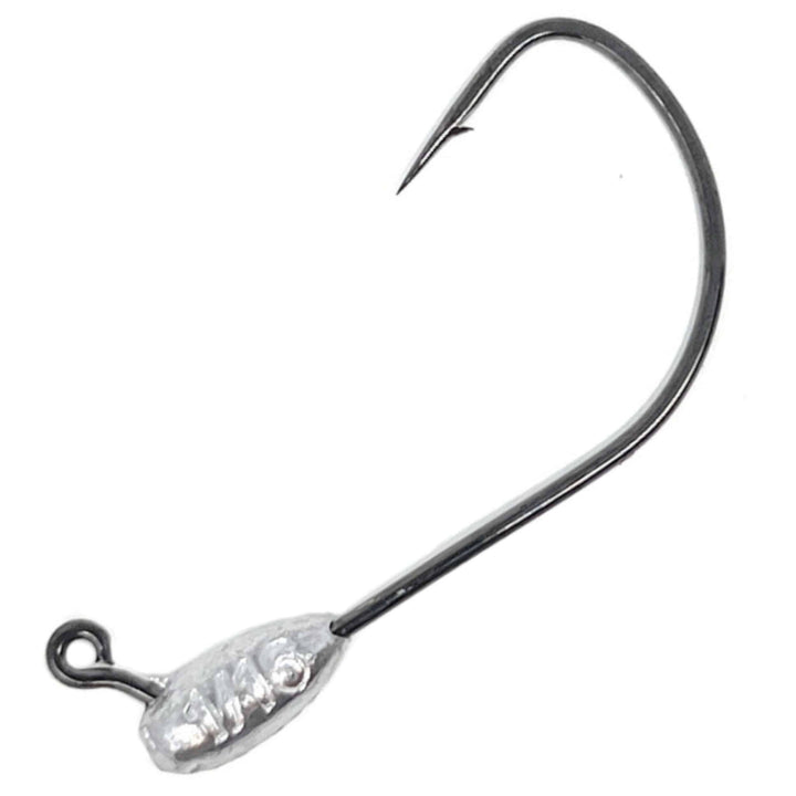 Set of 10 Reaction Tackle Lead Tube Jig Heads in 1/8 oz, designed for fishing, with streamlined metal design and hooks for bait presentation.