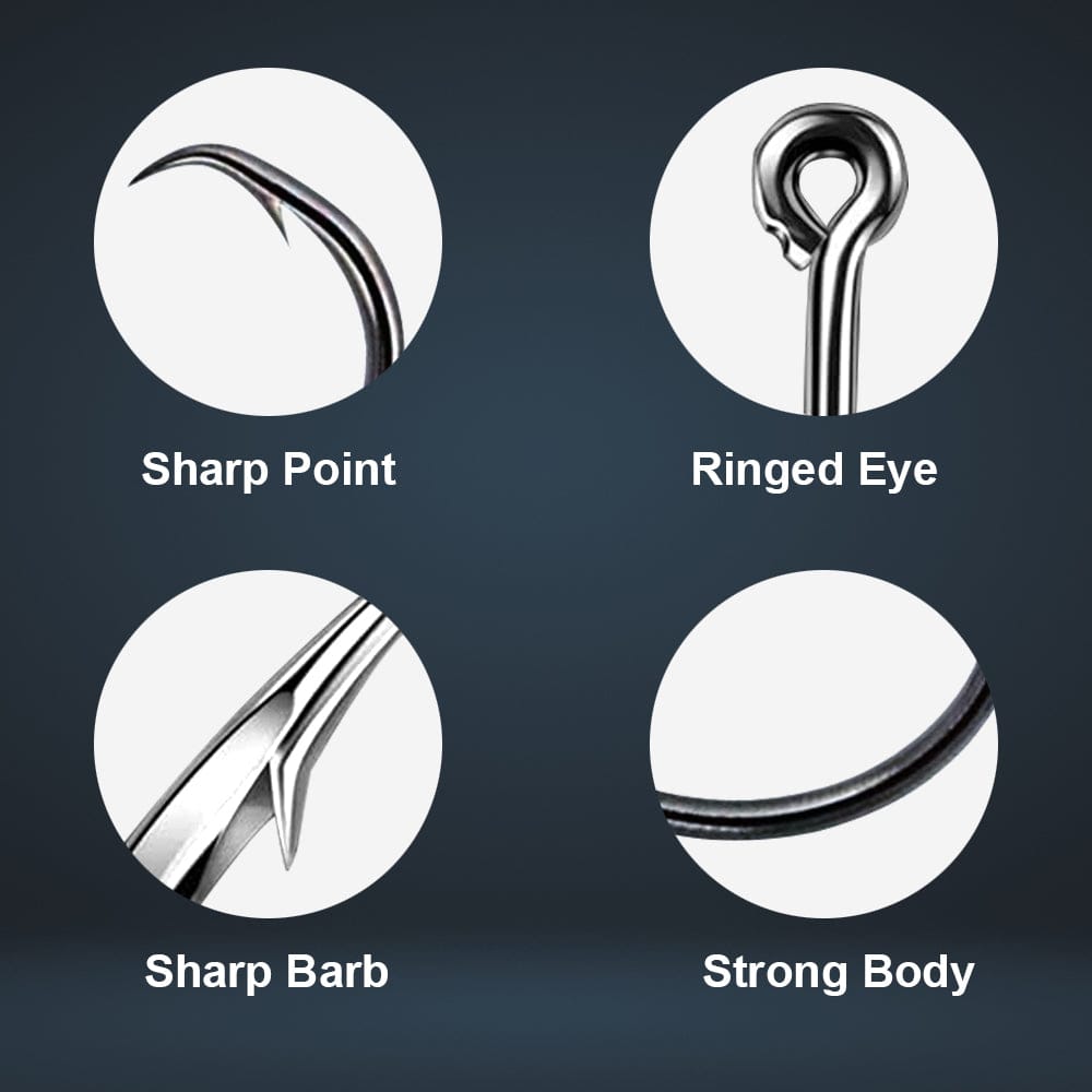 Reaction Tackle Premium Circle Hooks 25-pack arranged in a row, showcasing sharp, durable fishing hooks for freshwater or saltwater fishing.