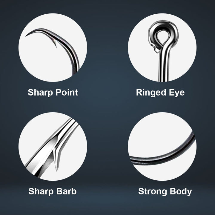 Reaction Tackle Premium Circle Hooks 25-pack arranged in a row, showcasing sharp, durable fishing hooks for freshwater or saltwater fishing.
