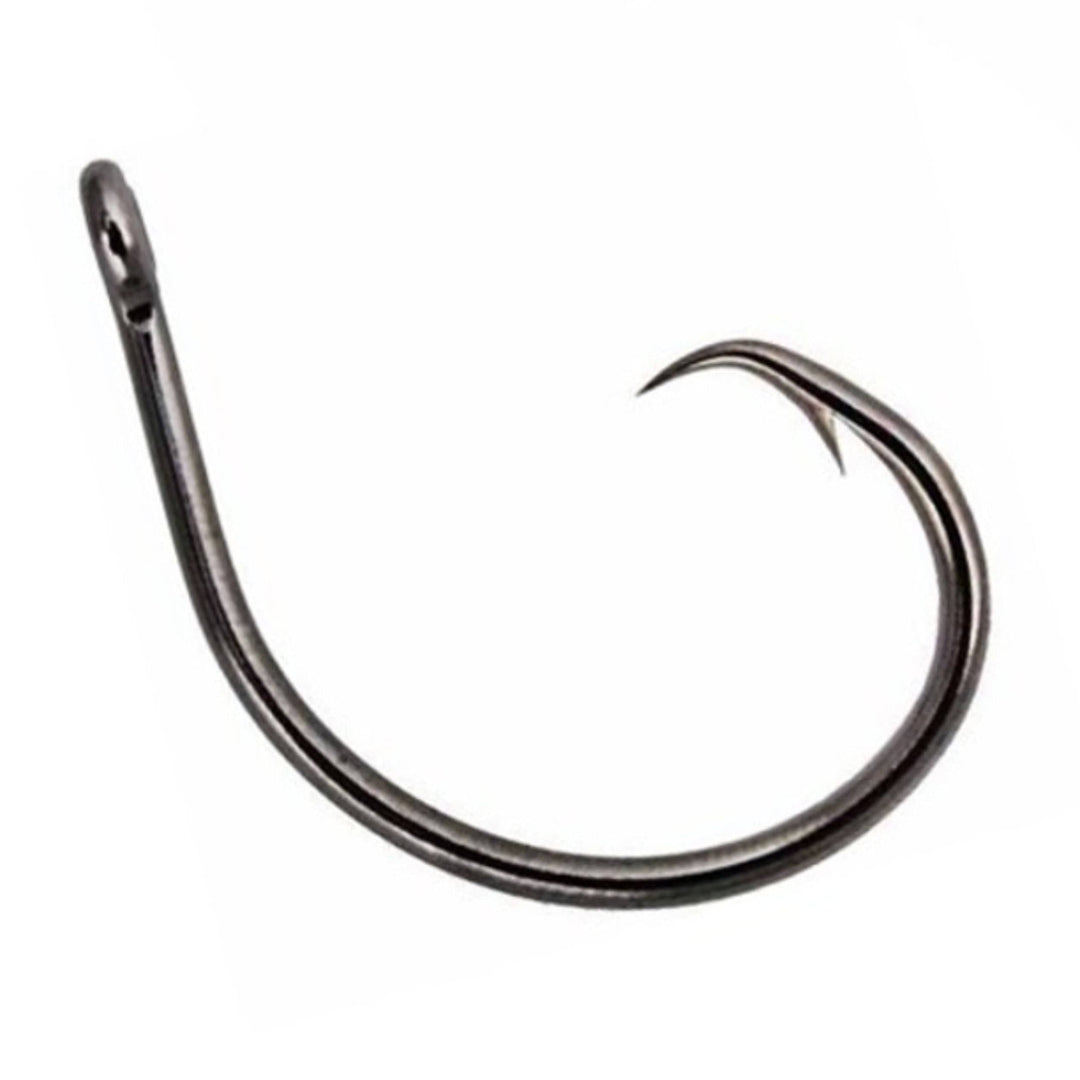 Reaction Tackle Premium Circle Hooks, 25-pack, sharp and durable fishing hooks displayed on a fishing line for freshwater or saltwater fishing.