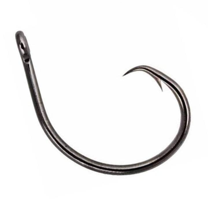 Reaction Tackle Premium Circle Hooks, 25-pack, sharp and durable fishing hooks displayed on a fishing line for freshwater or saltwater fishing.