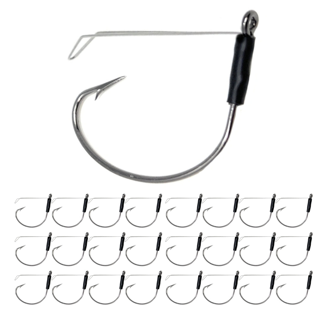 Reaction Tackle Wide Gap Wacky Hooks 25-pack with wire weed guard for fishing, featuring durable construction and versatile use.