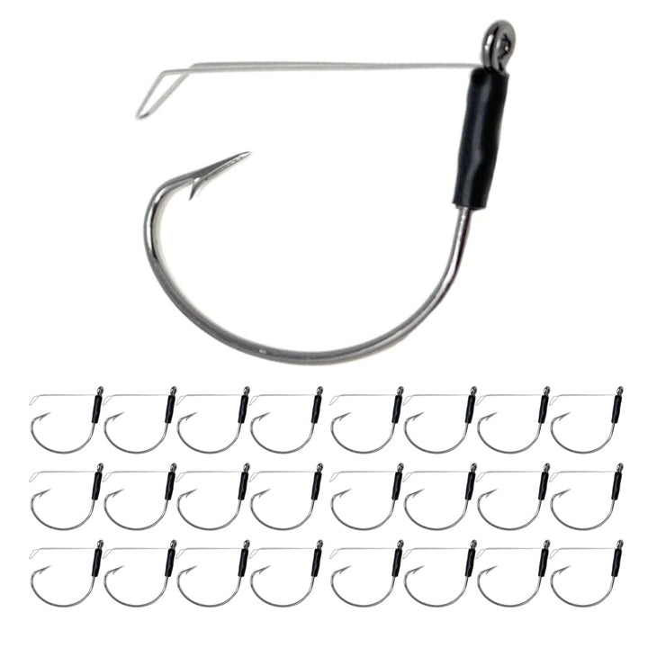 Reaction Tackle Wide Gap Wacky Hooks 25-pack with wire weed guard for fishing, featuring durable construction and versatile use.