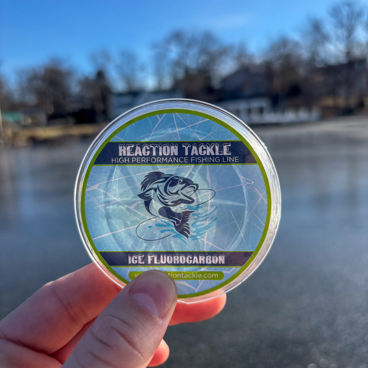 Reaction Tackle Ice Fluorocarbon Fishing Line or Leader, clear fishing line with high visibility and strength for ice fishing.