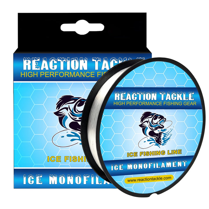 Reaction Tackle ICE Monofilament Fishing Line in hi-vis green, 2lb test, 1000 yards, ideal for ice fishing conditions.
