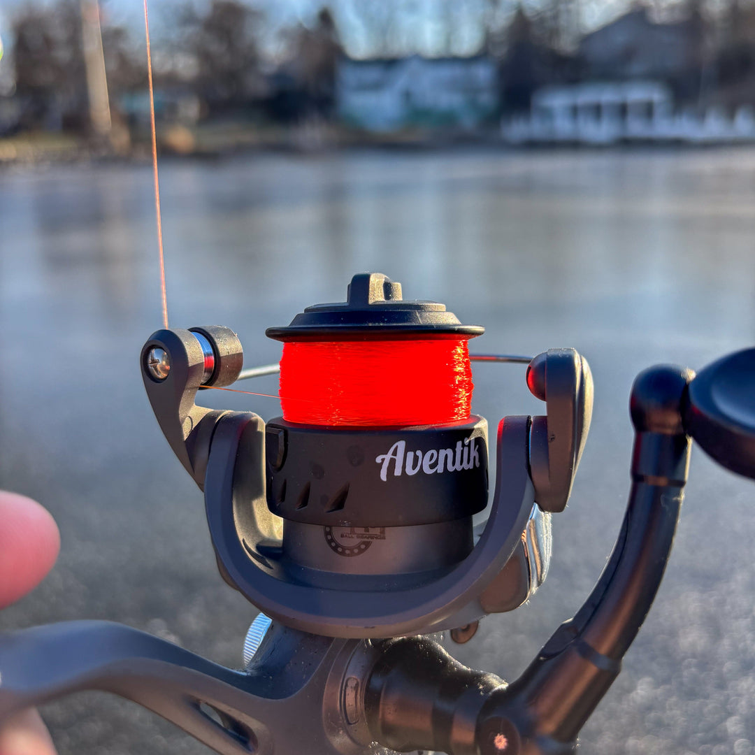 Reaction Tackle ICE Monofilament Fishing Line in hi-vis green, 2lb test, 1000 yards, suitable for ice fishing.