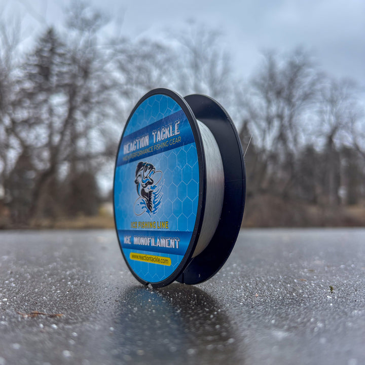 Reaction Tackle ICE Monofilament Fishing Line in 2lb, 1000 yards, high-vis green, suitable for ice fishing.