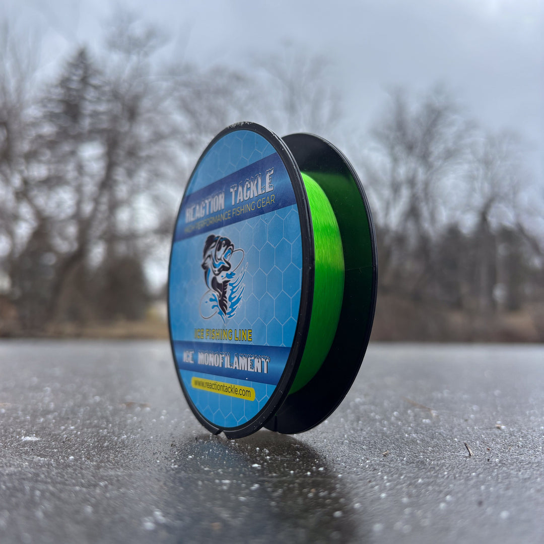 Reaction Tackle ICE Monofilament Fishing Line in hi-vis green, 2lb test, 1000 yards, designed for ice fishing.