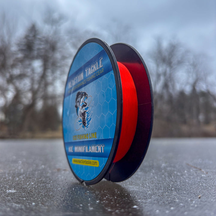 Reaction Tackle ICE Monofilament Fishing Line, 2lb, 1000yds, hi-vis green, suitable for ice fishing and freshwater fishing.