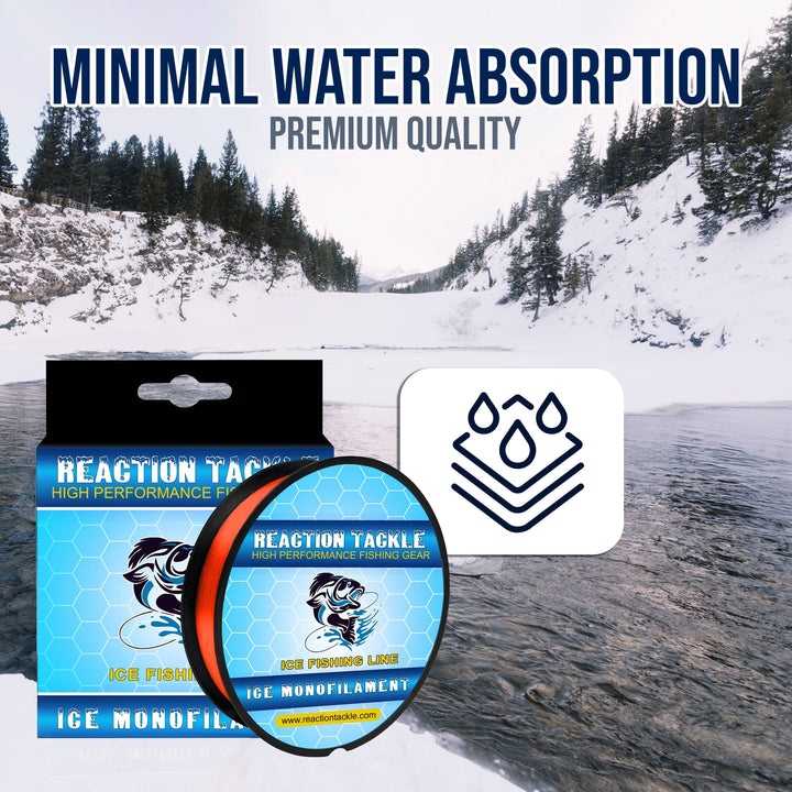 Reaction Tackle ICE Monofilament Fishing Line in hi-vis green, 2lb test, 1000 yards, designed for ice fishing.