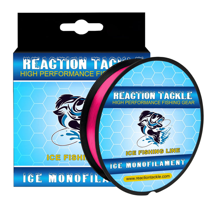 Reaction Tackle ICE Monofilament Fishing Line in hi-vis green, 2lb test, 1000 yards, designed for ice fishing.